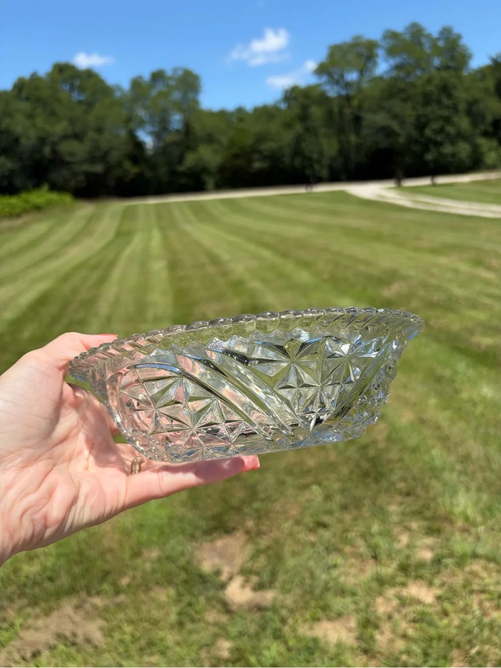 Anchor Hocking Stars And Bars Pattern 8” Clear Glass Salad Bowl Vintage Cottage